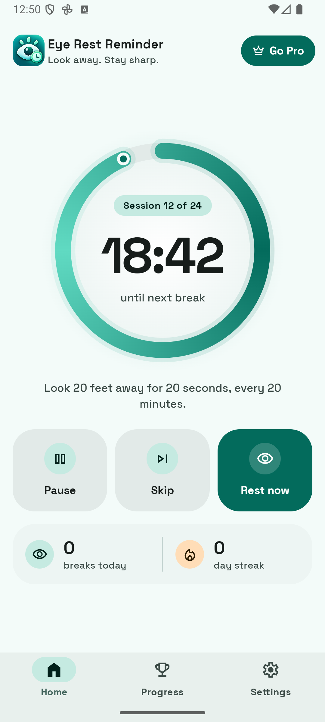 Eye Rest home screen showing the countdown until the next eye break