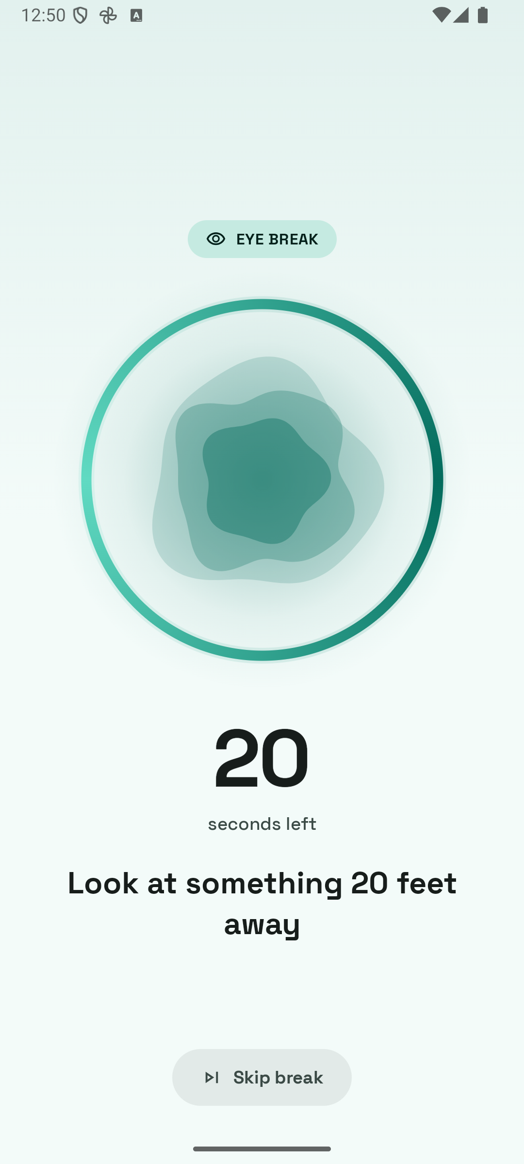 Eye Rest break screen telling you to look at something 20 feet away for 20 seconds