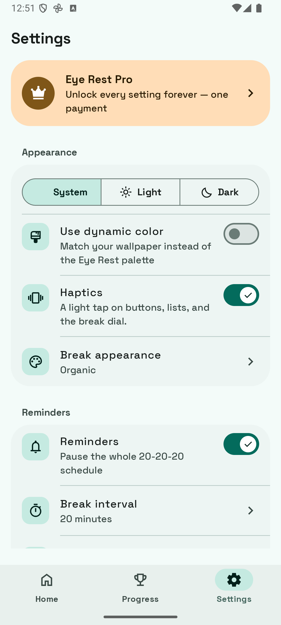 Eye Rest settings for appearance, haptics, and 20-minute break interval