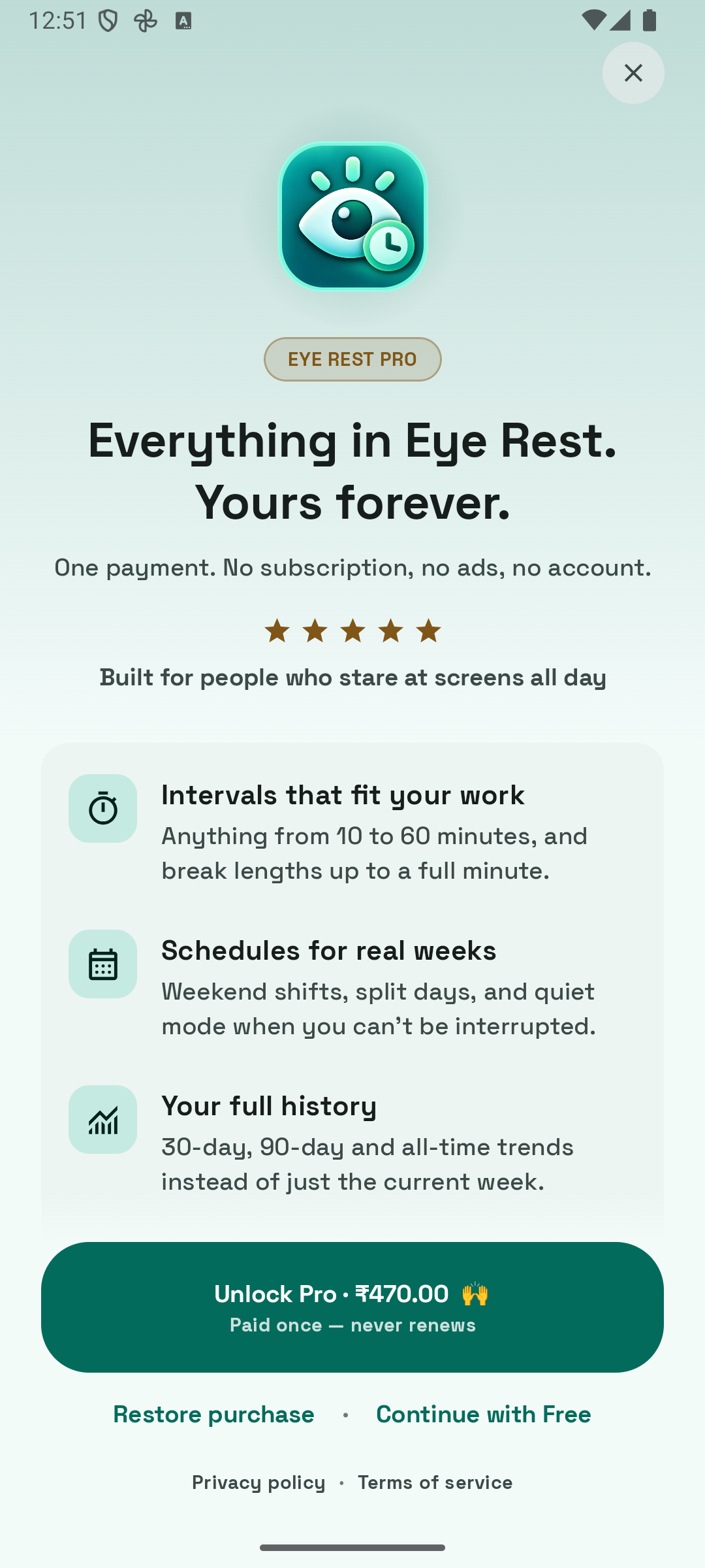 Eye Rest Pro paywall for a one-time lifetime unlock, no subscription